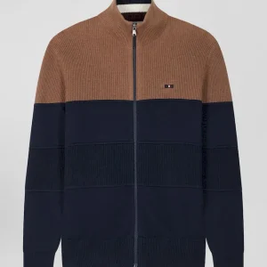 Alternative view of Cardigan zippé à col montant marine et noisette en coton