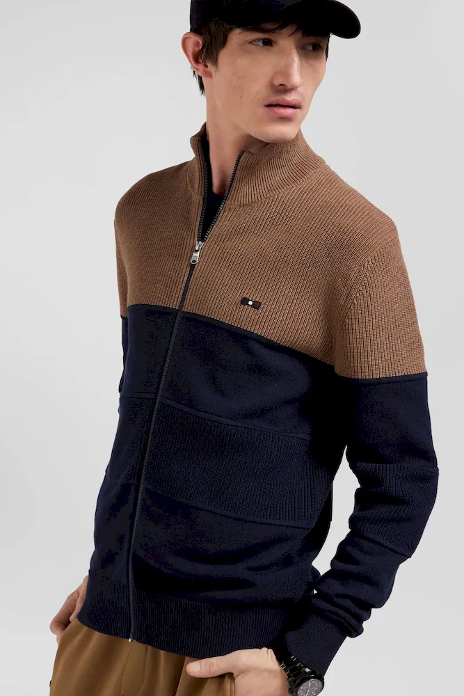 Cardigan zippé à col montant marine et noisette en coton – Bild 3