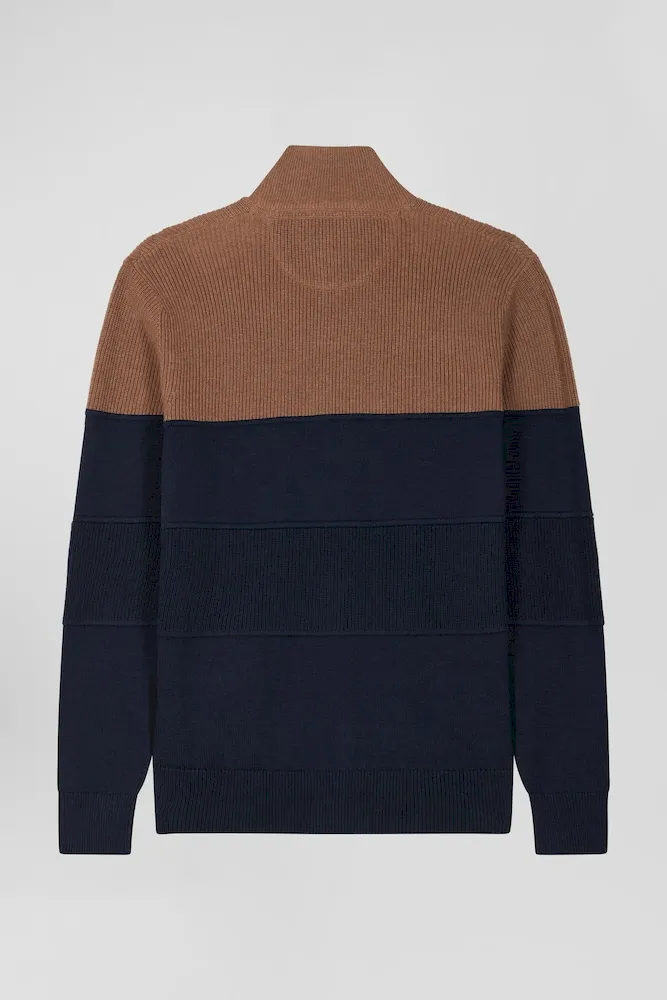 Cardigan zippé à col montant marine et noisette en coton – Bild 4