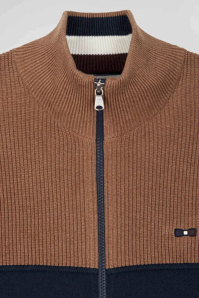 Cardigan zippé à col montant marine et noisette en coton – Bild 7
