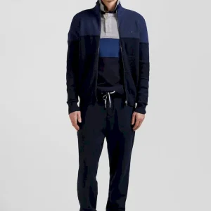 Cardigan zippé à col montant marine et bleu en coton