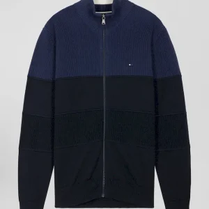 Alternative view of Cardigan zippé à col montant marine et bleu en coton