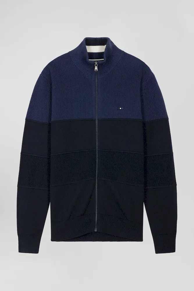 Cardigan Zippé à Col Montant Marine Et Bleu En Coton
