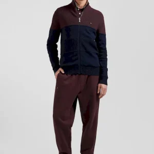 Cardigan zippé à col montant marine et bordeaux en coton