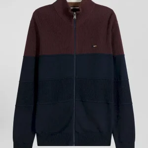 Alternative view of Cardigan zippé à col montant marine et bordeaux en coton