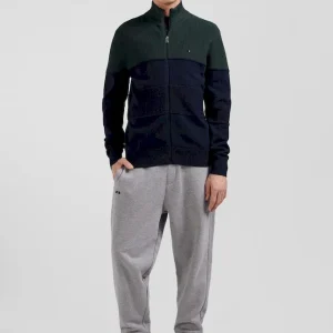 Cardigan zippé à col montant marine et vert en coton