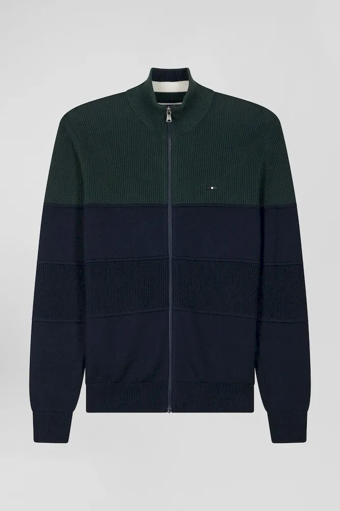 Cardigan Zippé à Col Montant Marine Et Vert En Coton