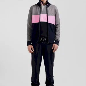 Cardigan zippé à col montant tricolore gris broderie 10 et jeu de maille