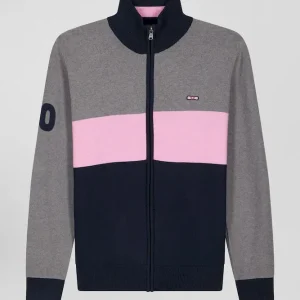 Alternative view of Cardigan zippé à col montant tricolore gris broderie 10 et jeu de maille