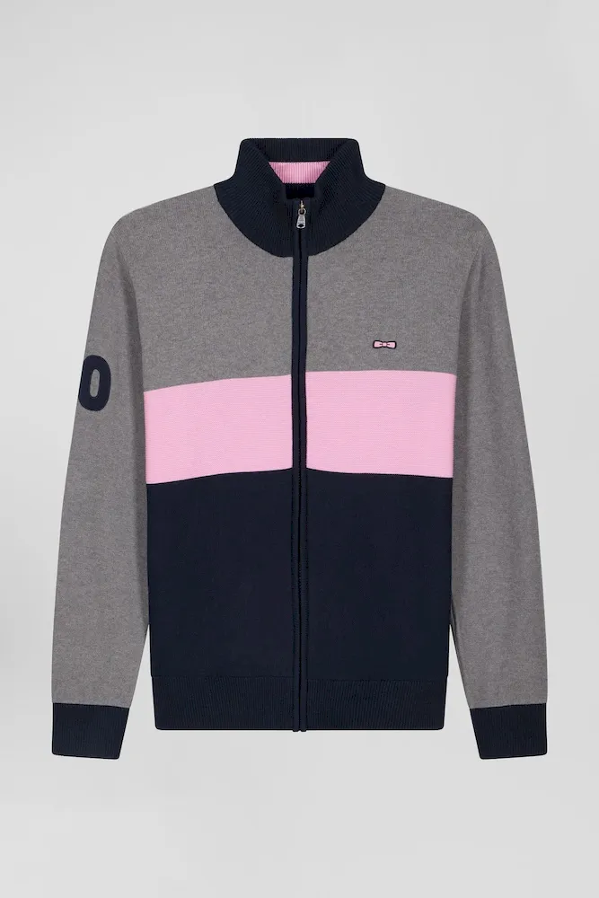 Cardigan Zippé à Col Montant Tricolore Gris Broderie 10 Et Jeu De Maille