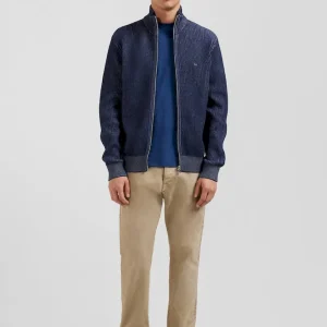 Cardigan zippé en laine et coton bleu marine coupe Regular