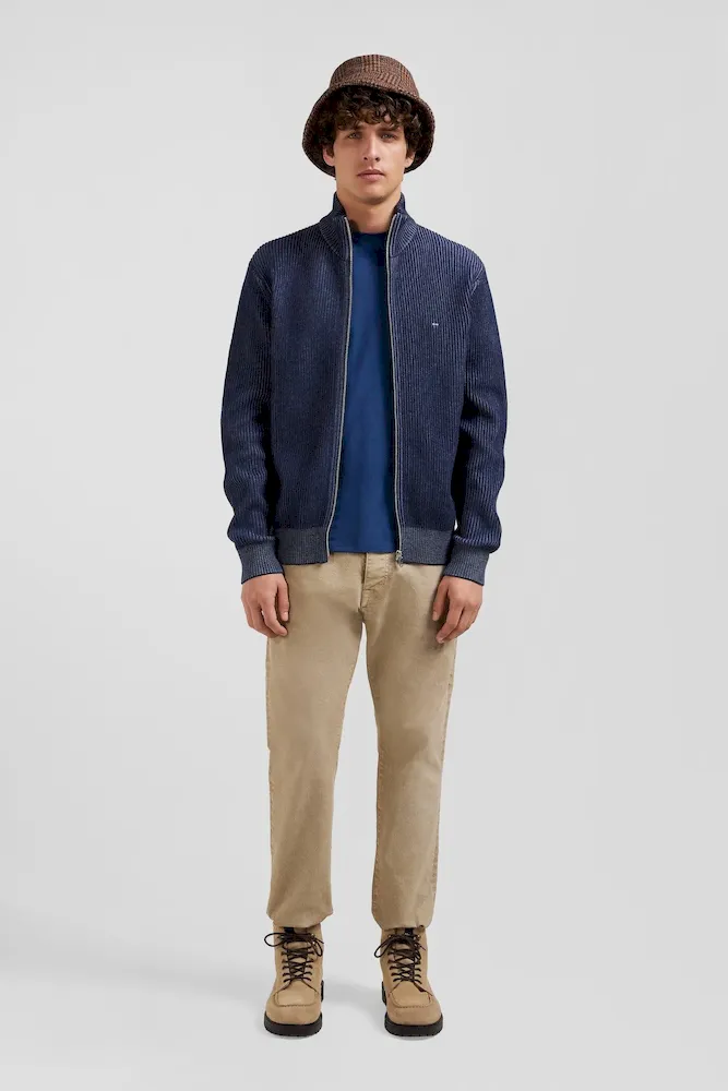 Cardigan zippé en laine et coton bleu marine coupe Regular