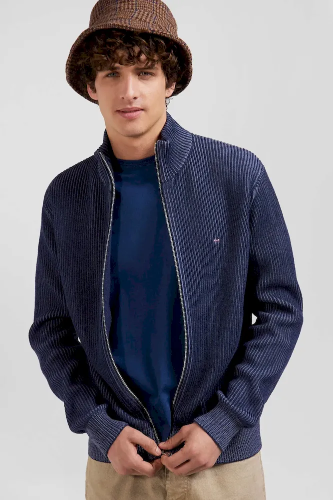 Cardigan zippé en laine et coton bleu marine coupe Regular – Bild 3