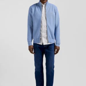 Cardigan zippé à col montant uni ciel en coton