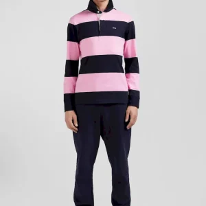 Maillot manches longues cerclé en coton bleu marine et rose coupe Regular