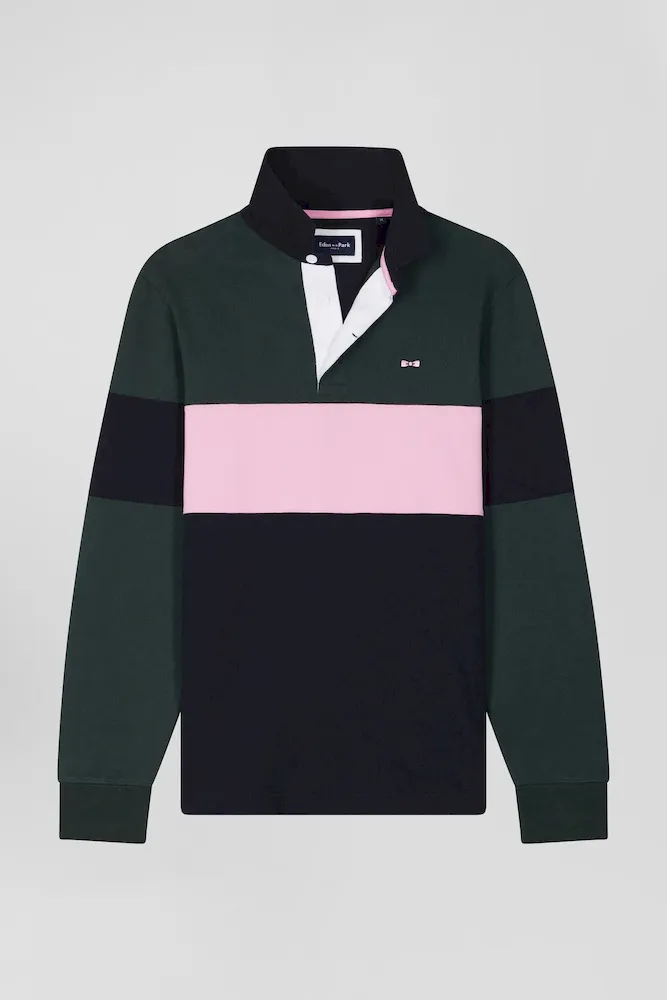 Maillot Manches Longues Colorblock Vert En Coton Broderie Dos Coupe Regular