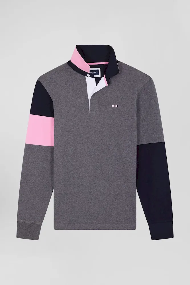 Maillot Manches Longues En Coton Gris Broderie Et Applications De Tissus Cravate Coupe Regular