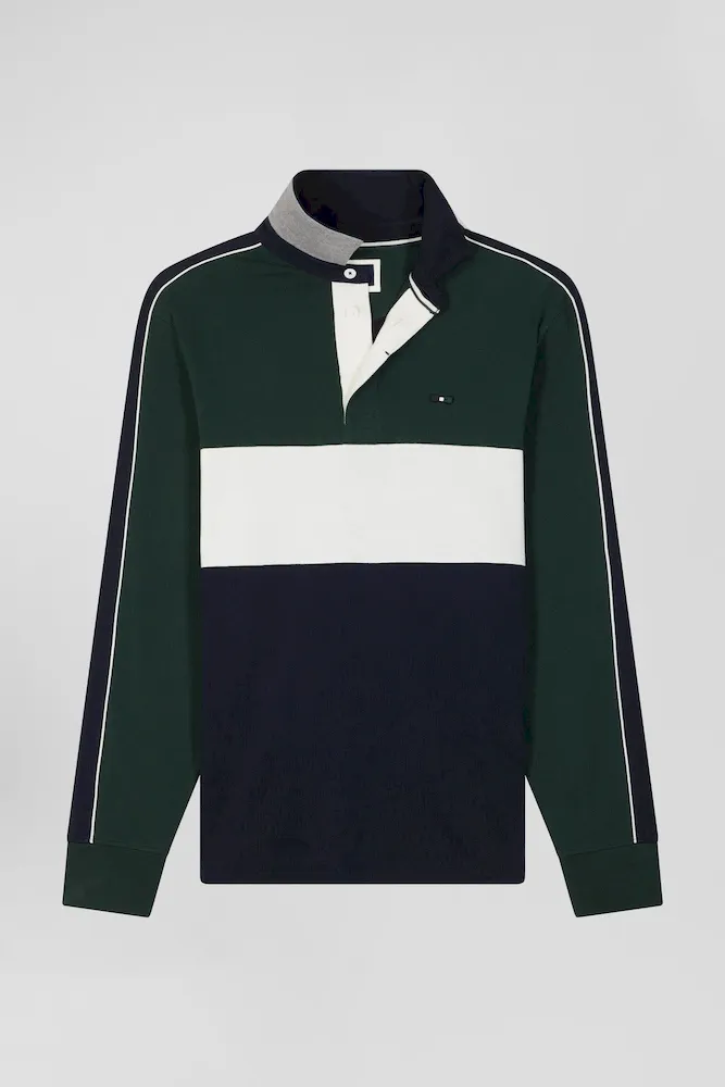 Maillot Manches Longues Colorblock En Coton Vert Et Marine Coupe Regular