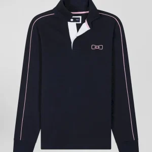 Alternative view of Maillot manches longues en coton bleu marine passepoil rose coupe Regular