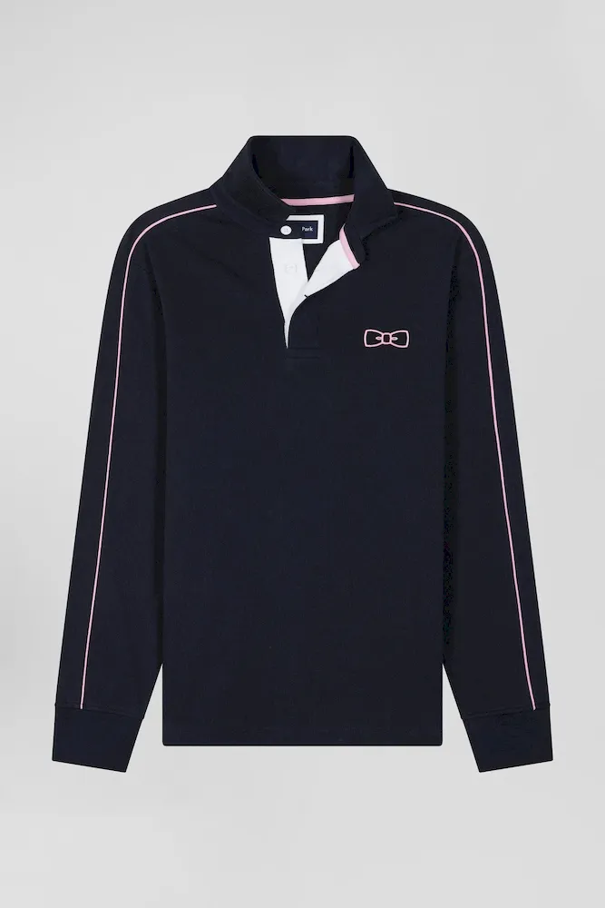 Maillot Manches Longues En Coton Bleu Marine Passepoil Rose Coupe Regular