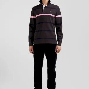 Maillot manches longues en coton cerclé marron broderie dos coupe Regular