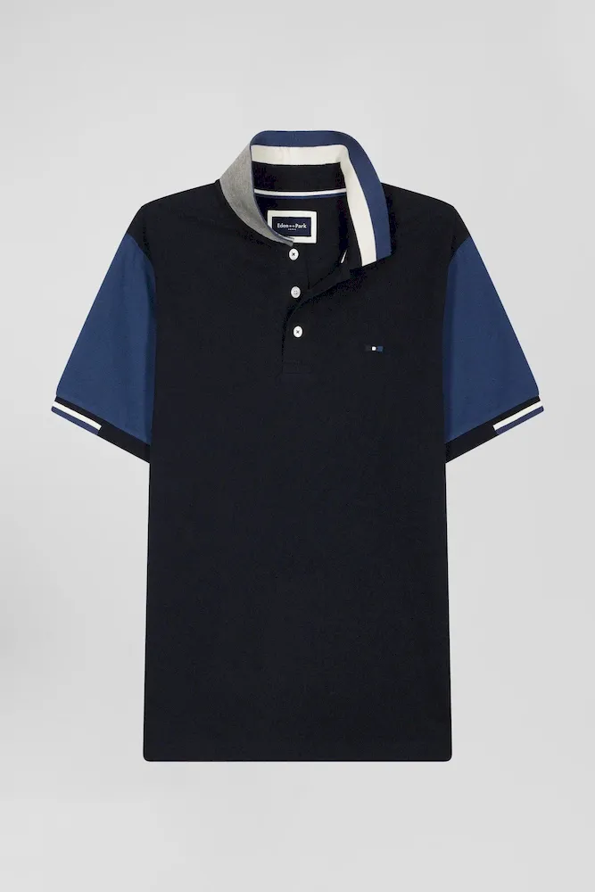 Polo Manches Courtes En Piqué Coton Bleu Marine Col Jacquard Eden Park Coupe Regular