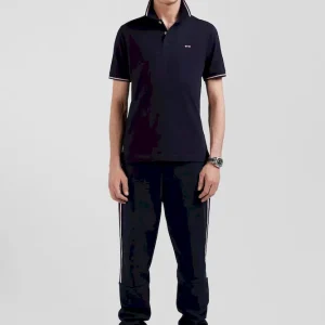 Polo manches courtes en coton stretch bleu marine col jacquard Eden Park coupe Slim