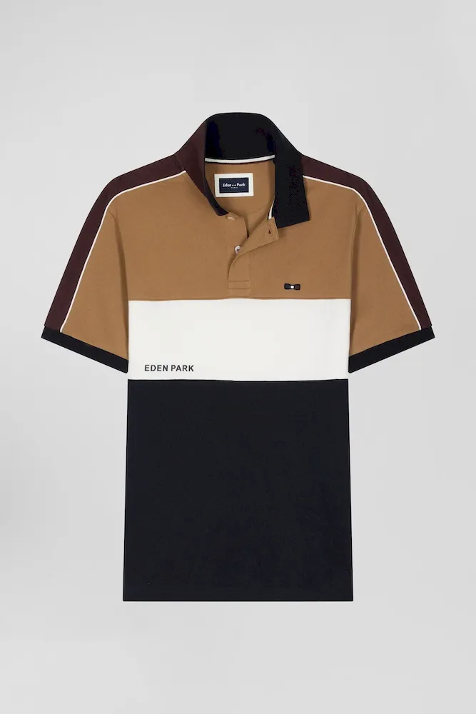 Polo Manches Courtes Tricolore En Piqué Coton Noisette Inscription Eden Park Coupe Regular