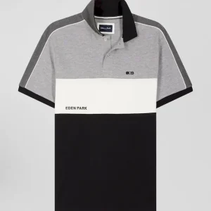 Alternative view of Polo manches courtes tricolore en piqué coton noir inscription Eden Park coupe Regular