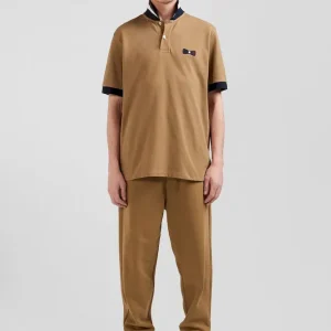 Polo manches courtes en piqué coton noisette détails tricolores coupe Oversized