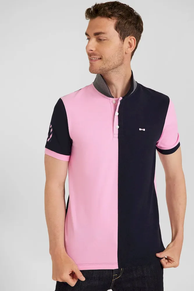 Polo Manches Courtes Bicolore En Piqué Coton Bleu Marine Et Rose Coupe Regular