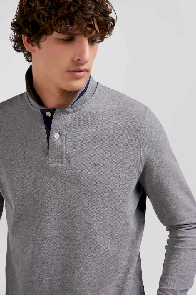 Polo manches longues en piqué coton gris – Bild 3