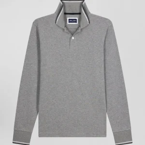 Alternative view of Polo manches longues gris en coton stretch finitions rayées