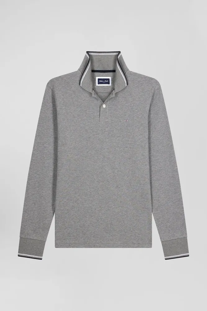 Polo Manches Longues Gris En Coton Stretch Finitions Rayées