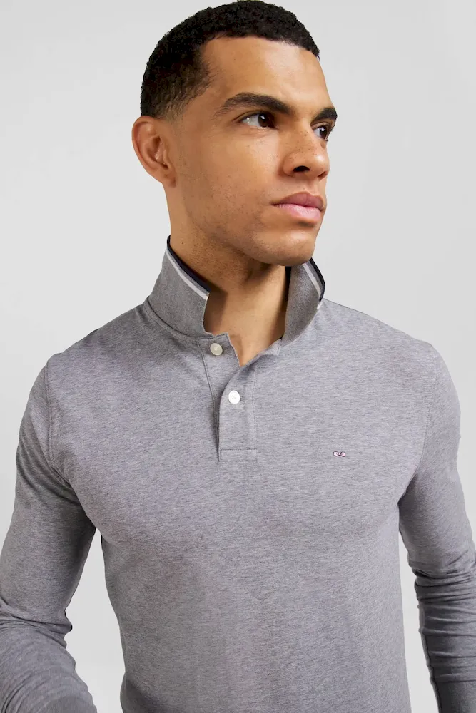 Polo manches longues gris en coton stretch finitions rayées – Bild 3