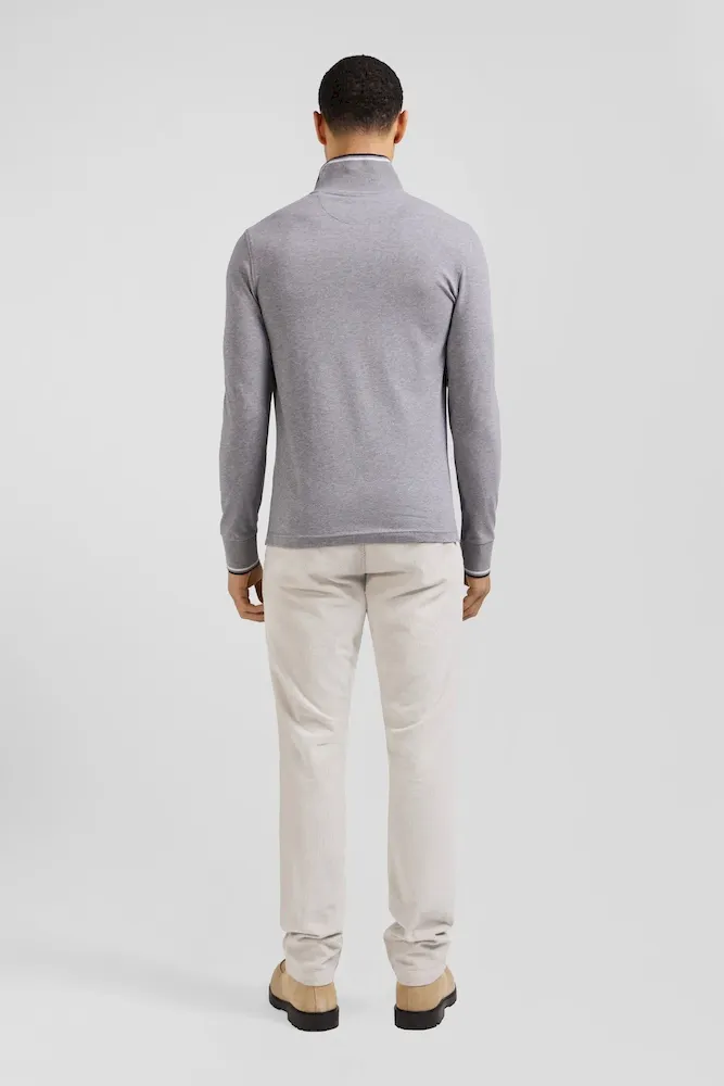 Polo manches longues gris en coton stretch finitions rayées – Bild 6