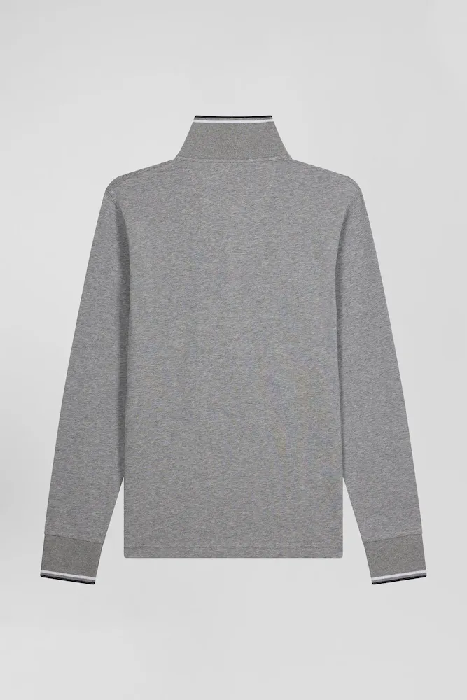 Polo manches longues gris en coton stretch finitions rayées – Bild 4