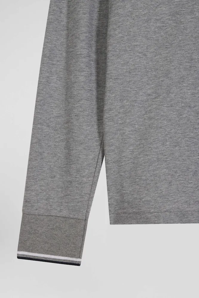 Polo manches longues gris en coton stretch finitions rayées – Bild 8