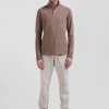 Polo manches longues marron en coton stretch finitions rayées