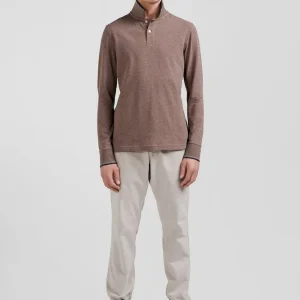 Polo manches longues marron en coton stretch finitions rayées