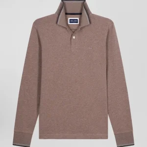 Alternative view of Polo manches longues marron en coton stretch finitions rayées