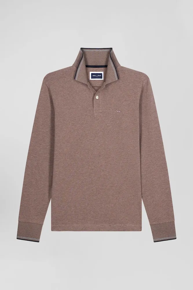 Polo Manches Longues Marron En Coton Stretch Finitions Rayées