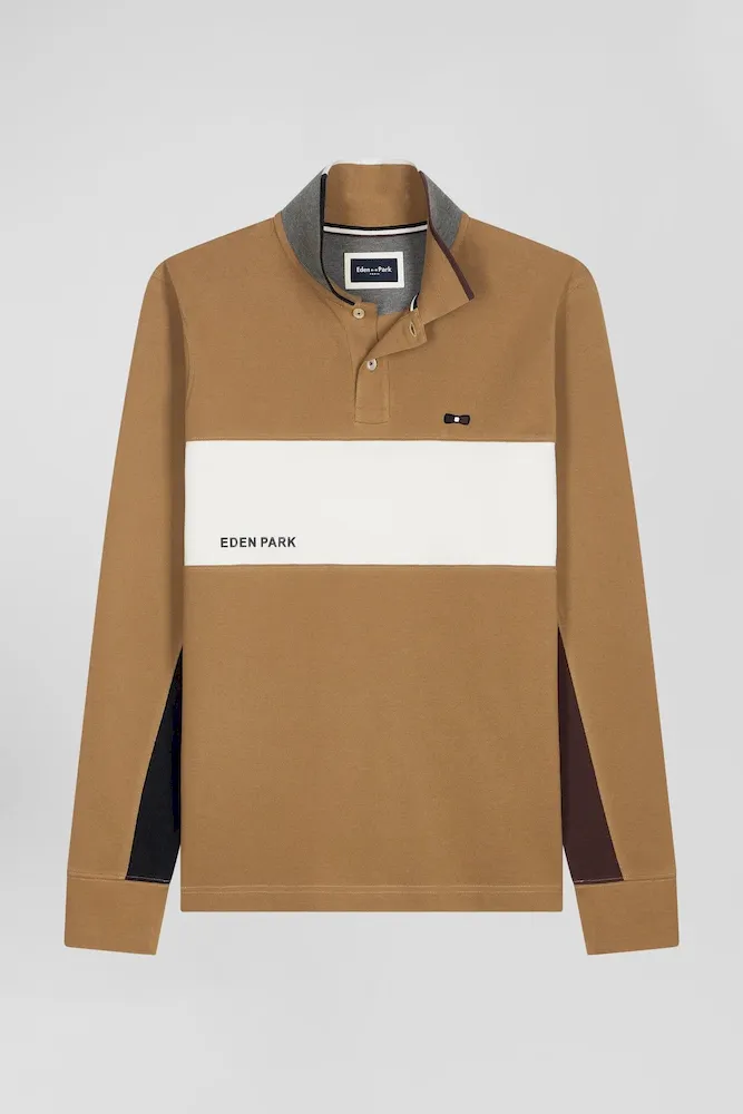 Polo Manches Longues Colorblock En Piqué Coton Noisette Coupe Regular
