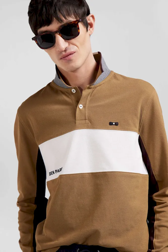 Polo manches longues colorblock en piqué coton noisette coupe Regular – Bild 3