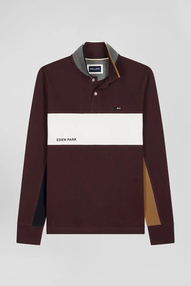 Polo Manches Longues Colorblock En Piqué Coton Bordeaux Coupe Regular