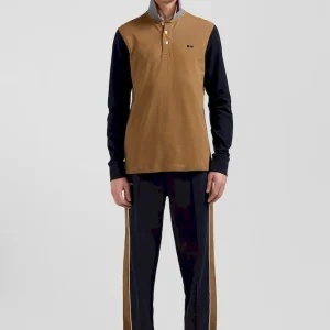 Polo manches longues en piqué coton bicolore noisette col jacquard coupe Regular