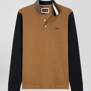 Alternative view of Polo manches longues en piqué coton bicolore noisette col jacquard coupe Regular