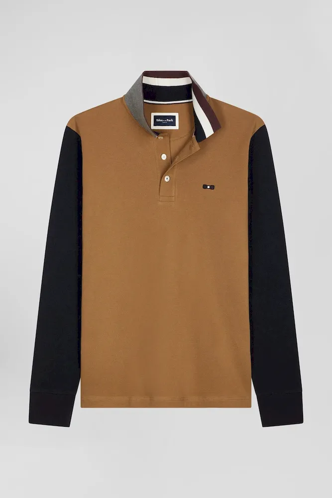 Polo Manches Longues En Piqué Coton Bicolore Noisette Col Jacquard Coupe Regular