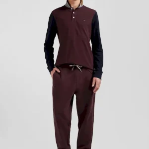 Polo manches longues en piqué coton bicolore bordeaux col jacquard coupe Regular