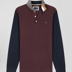 Alternative view of Polo manches longues en piqué coton bicolore bordeaux col jacquard coupe Regular